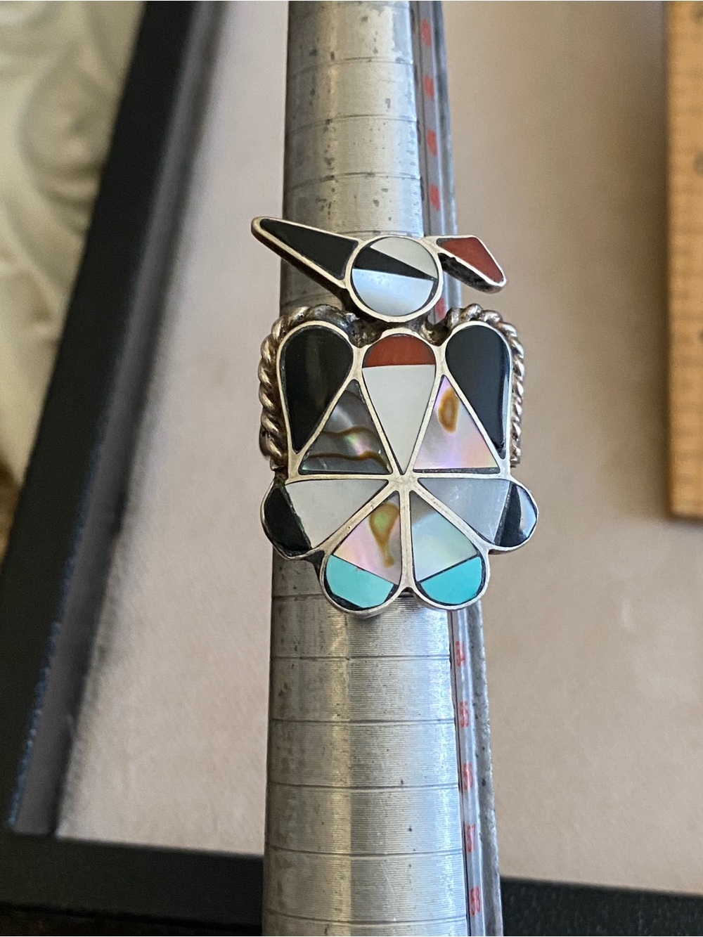 Vintage Zuni Sterling Silver Turquoise Inlay Thunderbird Ring Size 5.5 - Picture 9 of 9